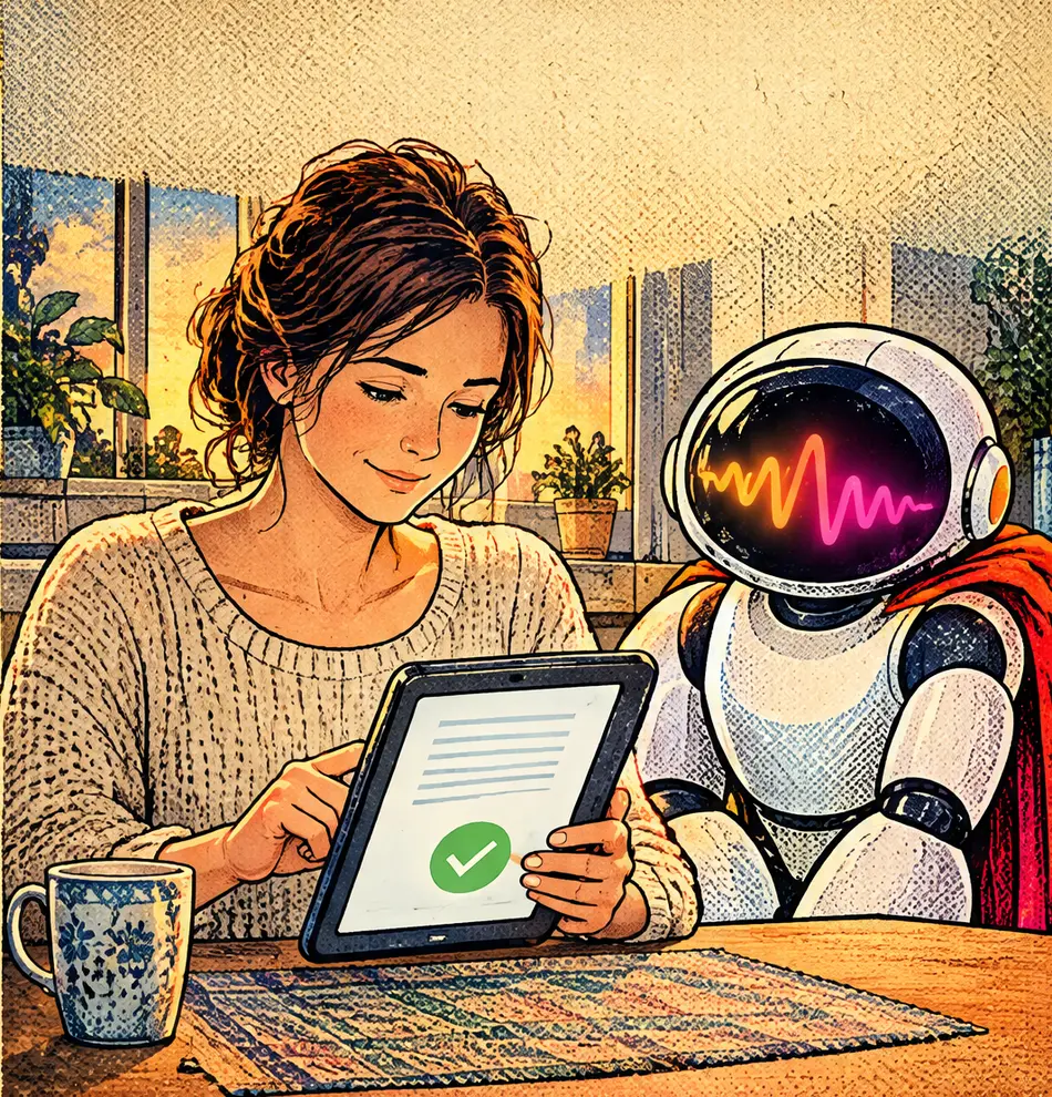 Die Frau prüft ein Angebot auf dem Tablet. Griffi wartet neben ihr.