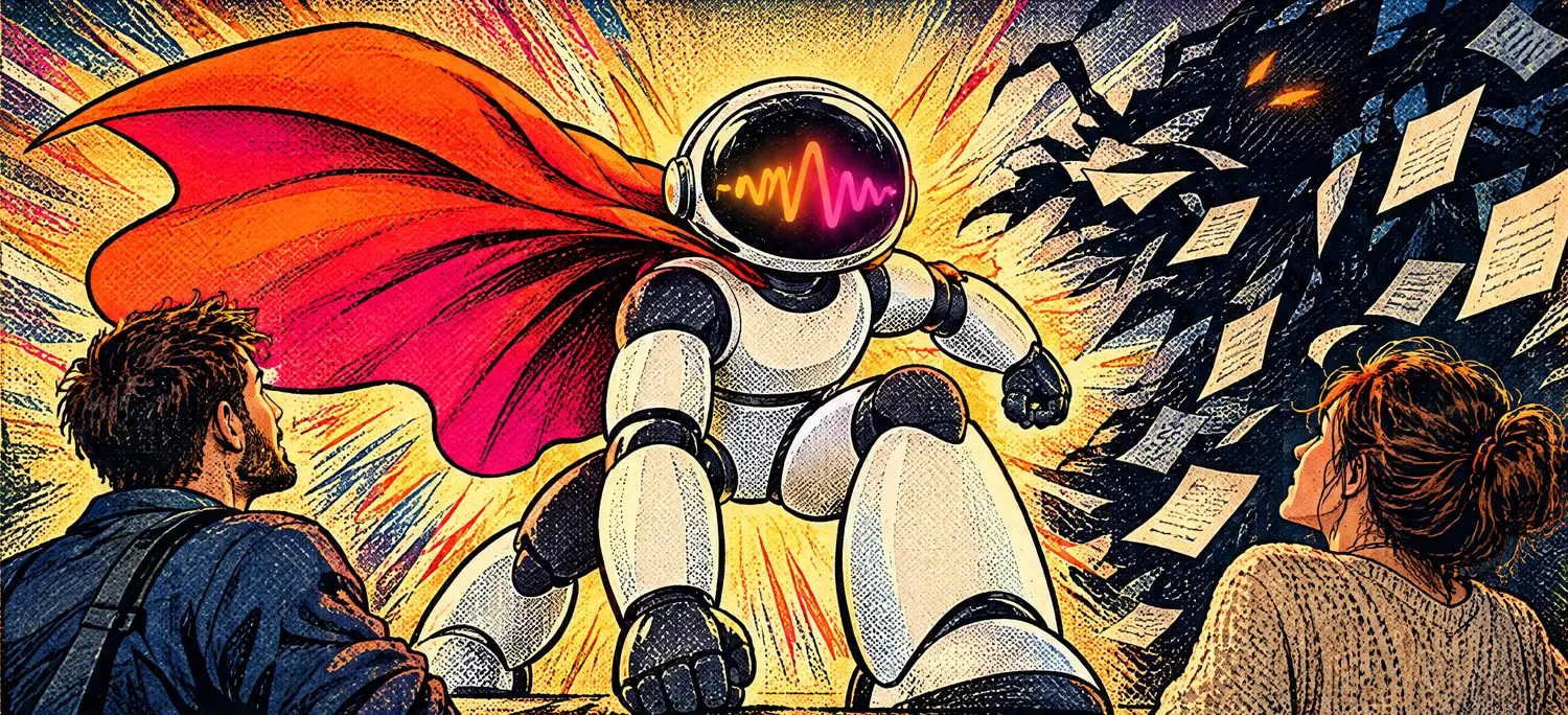 Griffi tritt mit orange-pinkem Cape zwischen das Paar und den Papiersturm.